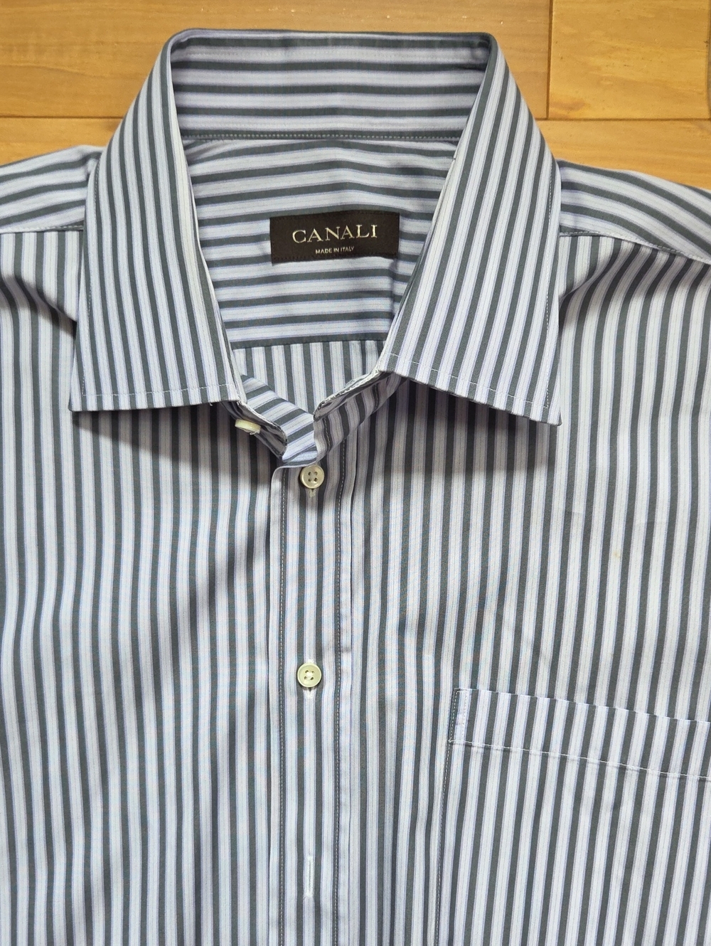 Canali Men's White Shirt with Lavender And Charcoal Vertical Stripes 16.5 Neck